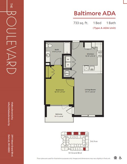 Floor plan for 1 bed, 1 bath, 733 sqft
